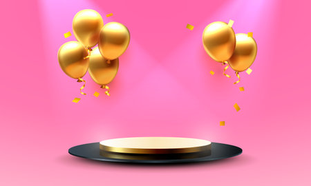 Balloon golden podium present, celebrate happy birthday, gold platform banner. Vector illustrationのイラスト素材