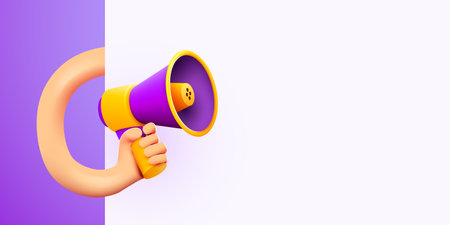 3d hand holding megaphone speaker or loudspeaker bullhorn for announce. Social media promotionのイラスト素材