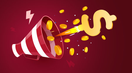 Megaphone with flying gold coins. Business announcement concept.のイラスト素材