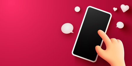 Hand touches phone with messages icons. Communication and social networking concept.のイラスト素材