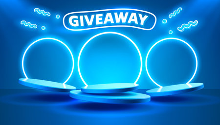 Giveaway neon podium, shop mega discount, special promo frame. Vector illustrationのイラスト素材