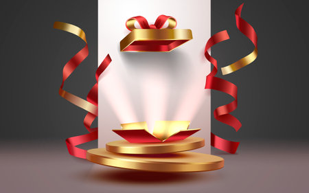 Gift scene mega sale, shopping podium banner, celebration pedestal. Vector illustrationのイラスト素材