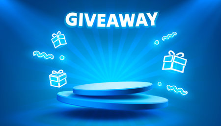 Giveaway neon podium, shop mega discount, special promo frame. Vector illustrationのイラスト素材