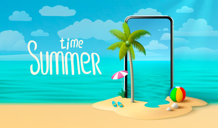 Summer time banner phone, season party bar app, tropical fruity. Vector illustrationのイラスト素材