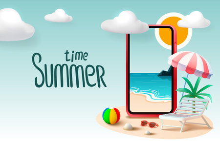Summer time banner phone, season party bar app, tropical fruity. Vector illustrationのイラスト素材