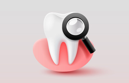 Tooth with gum and magnifying glass, dentistry dental treatment. Vector illustrationのイラスト素材