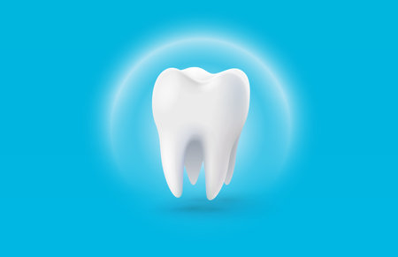 Tooth white, 3D illustration of a tooth on a light background. Vector illustrationのイラスト素材