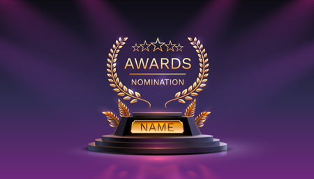 Awards nomination name podium, golden prize event, scene star ceremony. Vector illustrationのイラスト素材