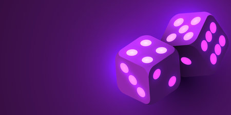 Realistic game neon dice. Casino gambling design template for app, web, advertising, mockup.のイラスト素材