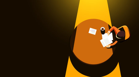 Man sits at a table and works. Top viewのイラスト素材