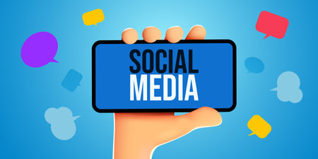 Hand holding phone with messages. Communication and social networking concept.のイラスト素材