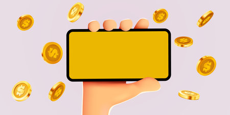 Online payments concept with cartoon 3D hand, phone and coin, Business and money. Online earnings.のイラスト素材
