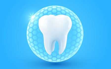 3d realistic vector healthy glowing tooth. Shield around white tooth. Dental care, protection and whitening.のイラスト素材