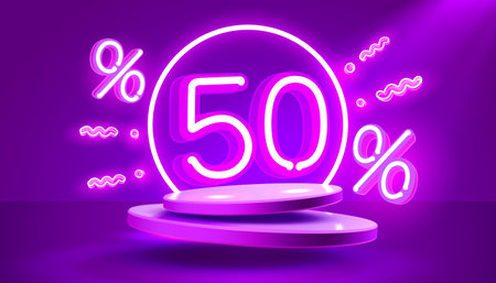 Mega sale special offer, Neon 50 off sale banner. Sign board promotion. Vector illustrationのイラスト素材