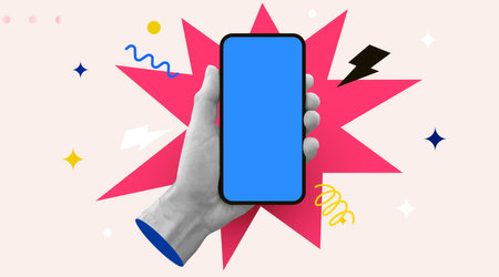 Retro collage. Hand holding smartphone.のイラスト素材