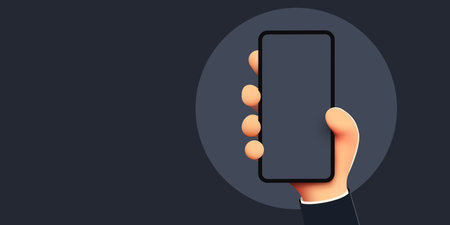 Cute cartoon hand holding mobile smart phone. Modern mockup.のイラスト素材