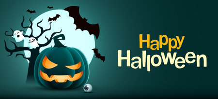 Halloween night background with pumpkin, tree, bats and ghosts.のイラスト素材