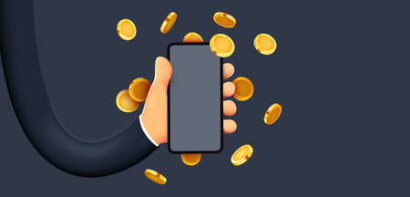 Online payments concept with cartoon 3D hand, phone and coin, Business and money. Online earnings.のイラスト素材