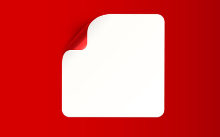 Sticker with peel off corner isolated on red background. Vector blank paper banner or square folded label.のイラスト素材