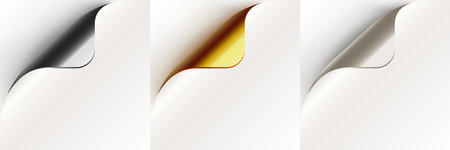 Curled up page corner, new design announce message. Rolled paper corners set.のイラスト素材