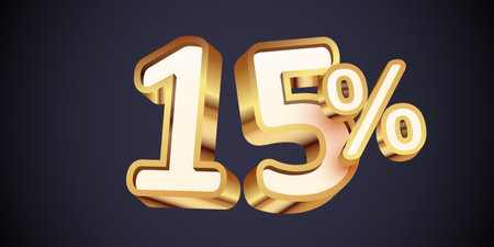 15 percent Off. 3d golden number 15. Sale banner and poster.
