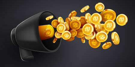 Megaphone with flying gold coins. Business announcement concept.のイラスト素材