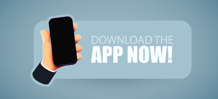 Download app now. Application installation banner. Hand with smartphone.のイラスト素材