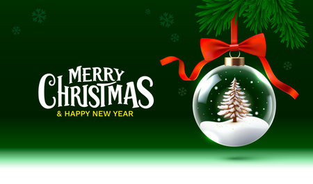 Merry Christmas, glass New Years ball with Christmas tree and snow. Vector illustrationのイラスト素材
