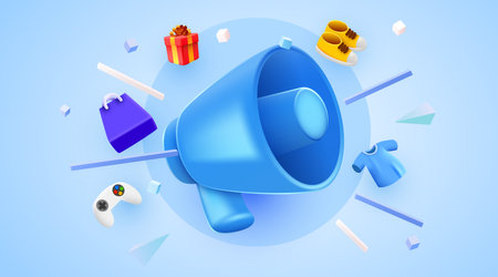3d megaphone speaker. Discount announce. Sale mockup with fashion elements.のイラスト素材