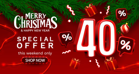 Merry Christmas, 40 percent Off discount. Sale banner and poster. Vector illustration.