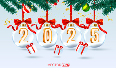 Marry Christmas 2025, happy new year, red numbers 3d, gifts and toys near the tree. Vectorのイラスト素材