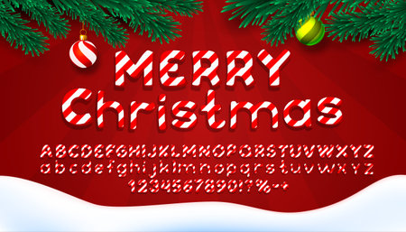 Merry Christmas font. English alphabet and numbers sign. Vector illustrationのイラスト素材