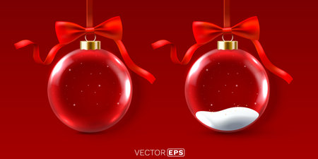Merry Christmas, glass New Year ball with red ribbon bow. Vector illustrationのイラスト素材