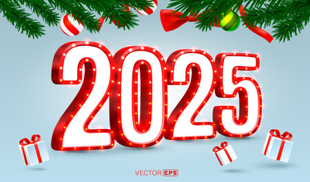 Marry Christmas 2025, happy new year, red numbers 3d, gifts and toys near the tree. Vector...