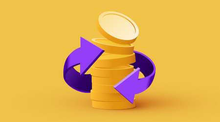 Stack of golden dollar coins with arrows. Cashback or profit concept.のイラスト素材