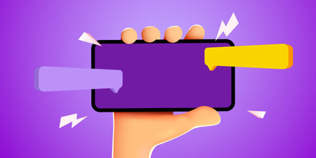 Hand holding phone with messages. Communication and social networking concept.のイラスト素材
