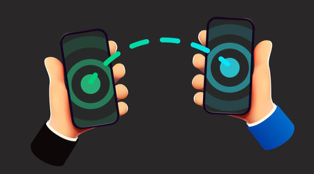 Two hands holding phones and exchanging data. Sharing concept.のイラスト素材