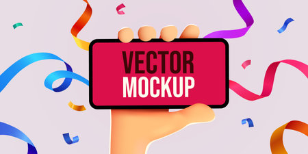 Cute 3D cartoon hand holding mobile smart phone with celebratory confetti flying around. Winner concept. Modern mockup.のイラスト素材