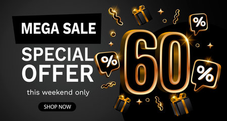 Mega sale, 60 special offer banner. Golden sign board promotion. Vector illustration