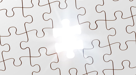 White jigsaw puzzle game texture incomplete or missing piece and light beams. Top view.のイラスト素材