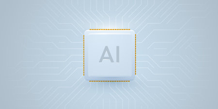 Brightly glowing AI chip on circuit board. Technology background. CPU processor on tech bg. Computer...