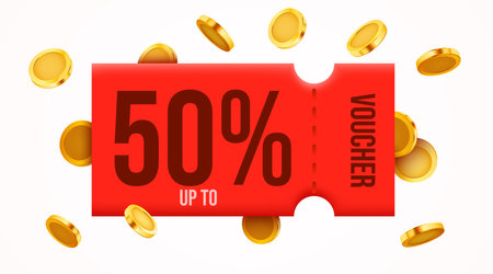 3d coupon with golden coins and. Special giveaway with coupons or voucher, percentage off. Gift voucher template.のイラスト素材