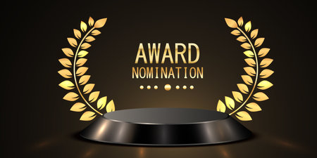 Award round podium with laurel wreath on dark background. Victory, achievement, success, rewarding of winner.のイラスト素材