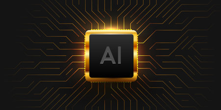 Glowing AI golden chip on circuit board. Technology background. CPU processor on tech bg. Computer...