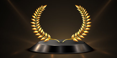 Award round podium with laurel wreath on dark background. Victory, achievement, success, rewarding of winner.のイラスト素材