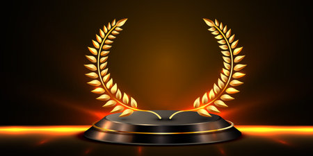 Award round podium with laurel wreath on dark background. Victory, achievement, success, rewarding of winner.のイラスト素材