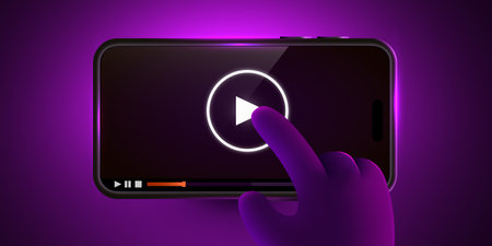 Hand touching Mobile Video Player UI. Online TV Watching on Device.のイラスト素材