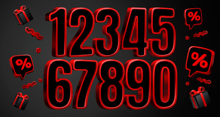 Black Friday Red numbers, volumetric symbols, set of numbers for sale. Vector illustration