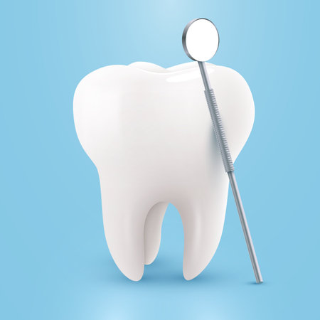 Tooth with mirror isolated on blue background. Dentistry concept.のイラスト素材