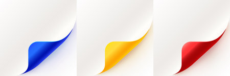 Curled up page corner, new design announce message. Rolled paper corners set.のイラスト素材